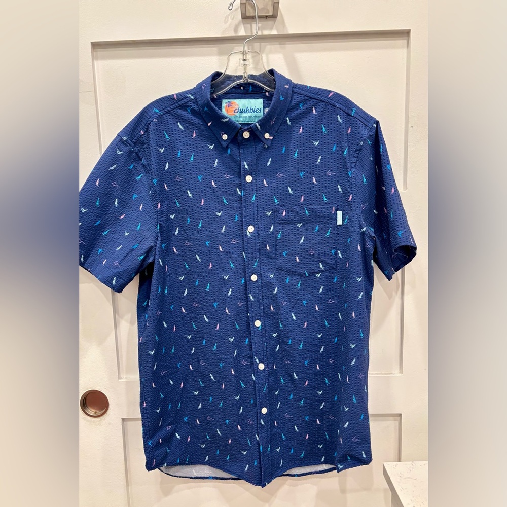 chubbies Navy Short-Sleeve Button-Down with Blue and Pink Micro-Print